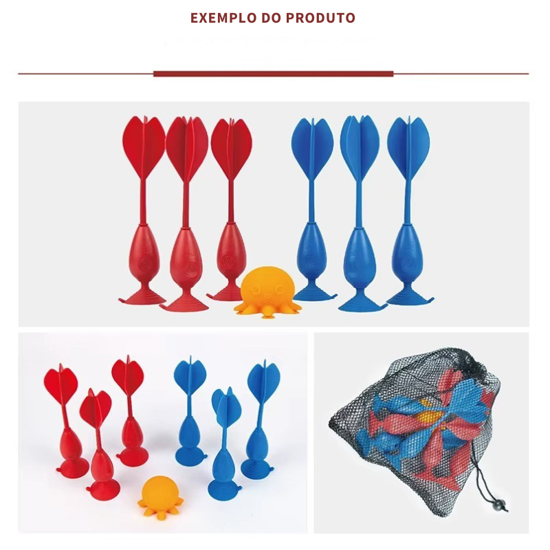 Jogo de dardos de silicone para crian&ccedil;as e adultos com tr&ecirc;s dardos vermelhos e tr&ecirc;s azuis, alvo em forma de polvo amarelo, embalagem de papel&atilde;o e saco de malha para armazenamento